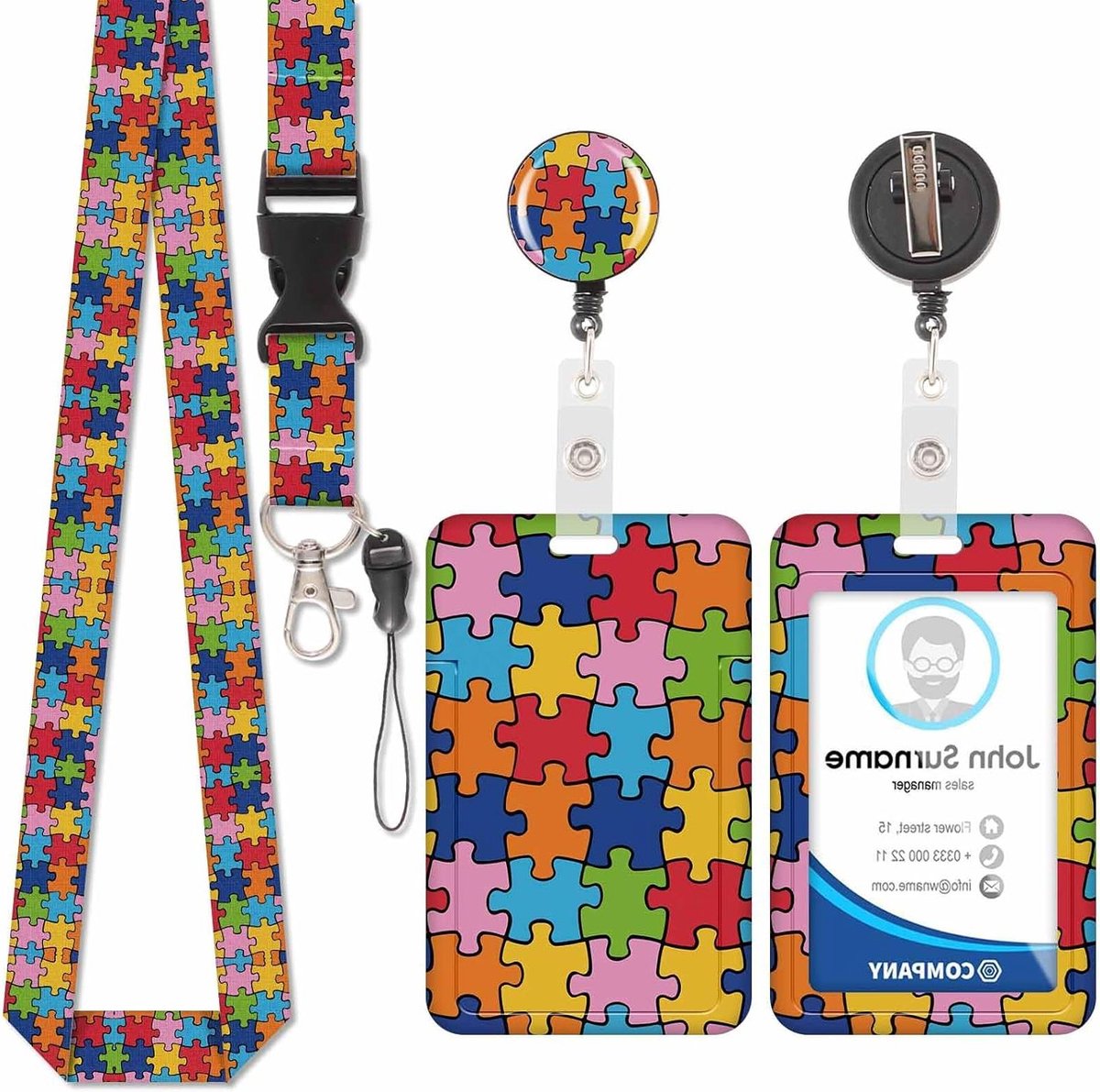 Badgehouder Kaarthouder - ID Houder Rolkoord - Dagelijkse Identificatie - 3-Delige Set - 3 x 4.5 Inch - Puzzle