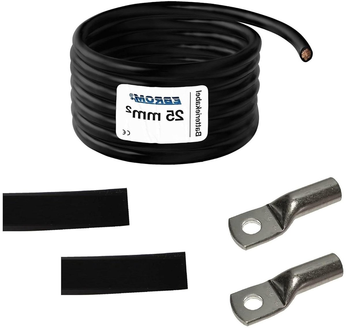 Batterijkabel Set - Accukabel Stroomkabel - Elektrische Installatie - Volledig Koper 25 mm² - Keuze Lengte M8 M10 - Zwart