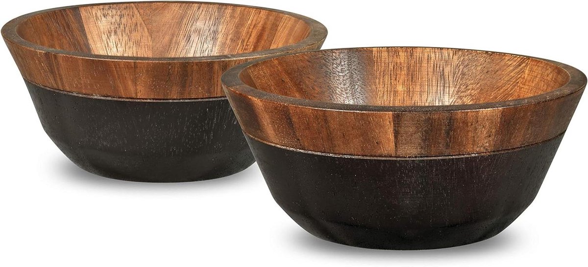 Houten Kom Set - Steengoed Schalen - Keuken Gebruik - Gestructureerd Glazuur - Set van 2 - Bruin