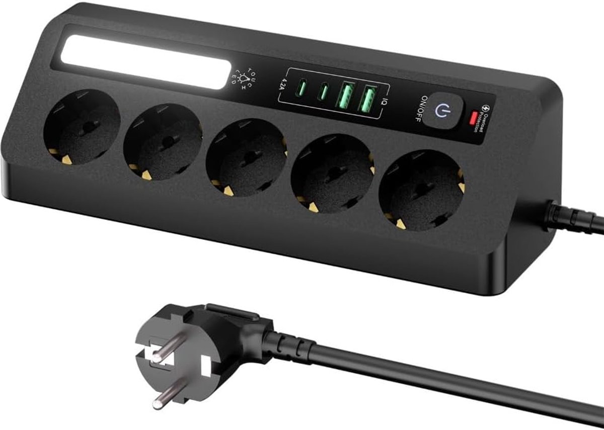 Verlengkabel voor op het bureau met USB-aansluiting, 2 USB-C- en 2 USB-A-poorten, stopcontact met nachtlampje, 5-voudig stekkerblok met overspanningsbeveiliging, 1,8 m stekkerdoos geschikt voor thuis of op kantoor (zwart).