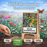 Kleine zak "Wilde Bloemenzaad" met diverse bloemen. Hand strooit zaadjes met afbeelding van vlinders en de tekst 'Wilde Bloemen'.