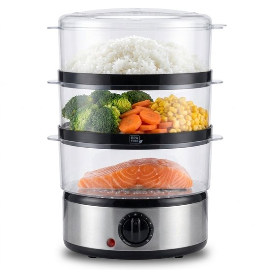 Cuiseur vapeur électrique Golermo 7,5 L – 3 couches – Minuterie – Cuisson saine et rapide – Sans BPA – 400 W