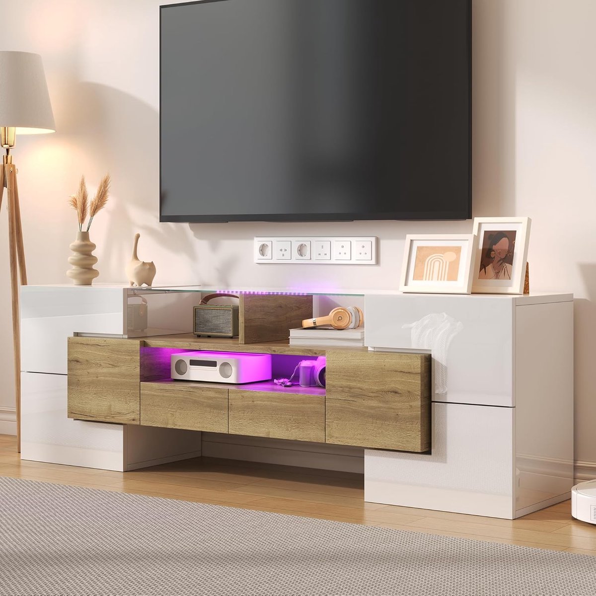 TV-Kast 200 cm Wit Hoogglans met Glazen Blad, LED-Verlichting en 6 Deuren, 2 Laden en Opbergruimte – Modern TV Lowboard voor Woonkamer – Urbanhome