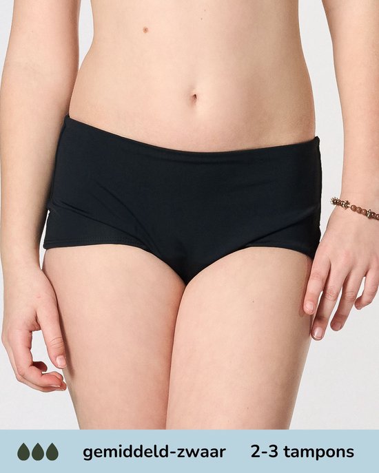 Moodies menstruatie zwemkleding tiener - Boxer bikini broekje - gemidddeld-zwaar kruisje - maat 164/170 (S) - Zwart