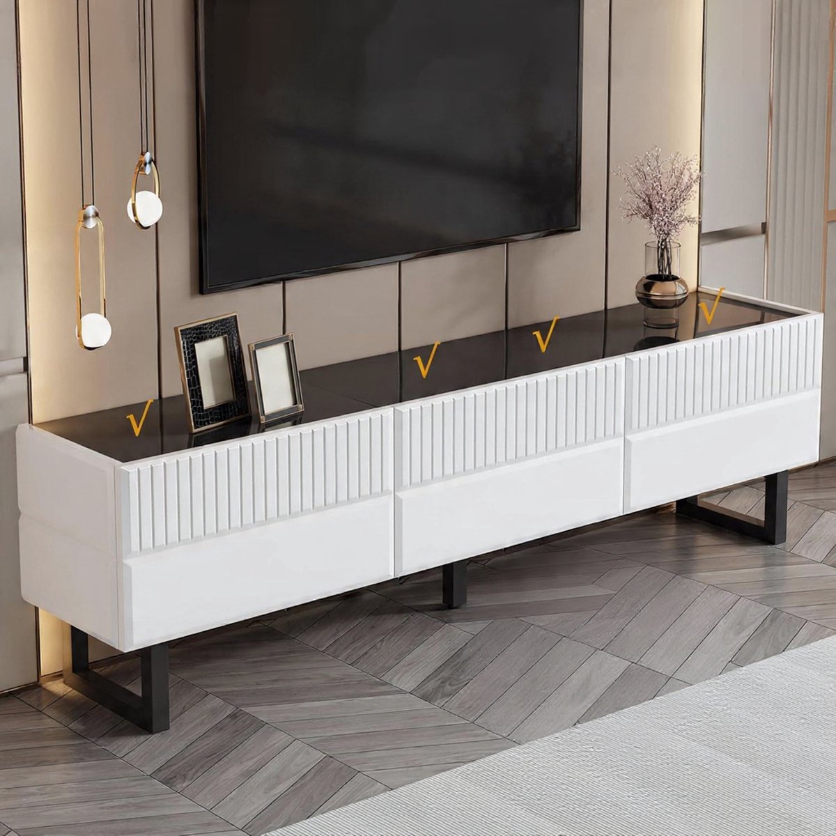 TV Lowboard 170 cm Zwart/Wit Modern met 3 Laden en IJzeren Poten, Hoogglans TV-Kast met 60 kg Draagkracht voor Woonkamer – Urbanhome