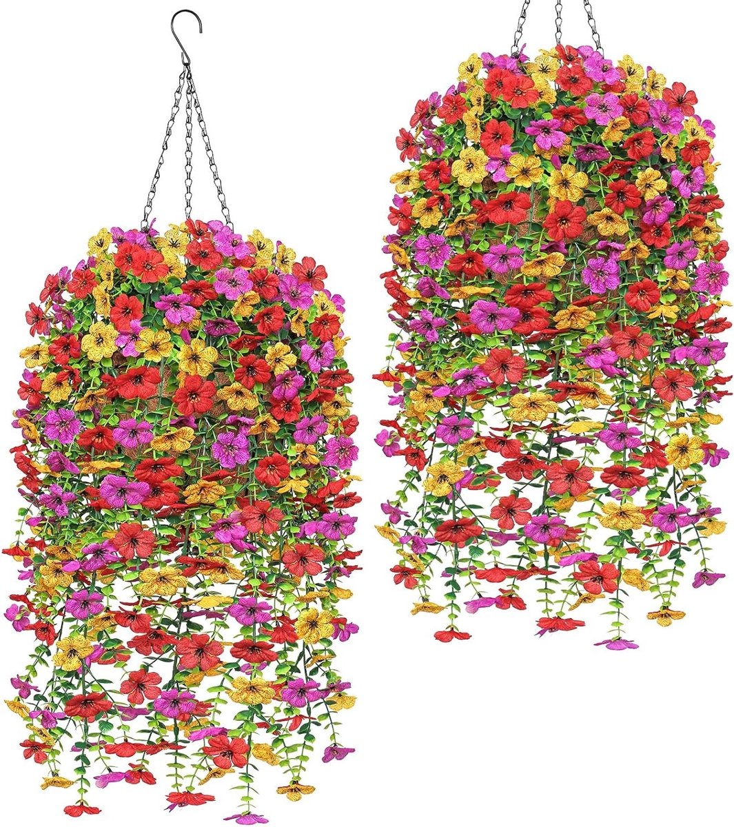 Set van 2 Hangende Kunstbloemen met Mand, UV Bestendige Nepplanten voor Tuin en Terras, Decoratieve Bloemstukken in Paars, Geel en Rood