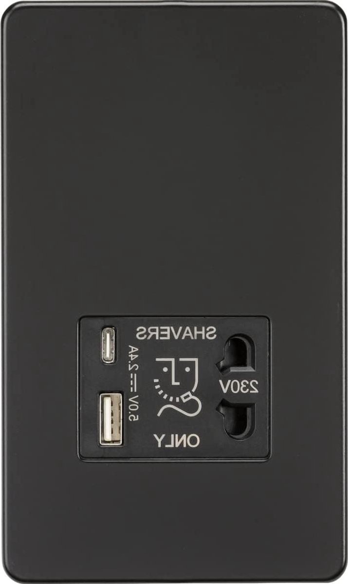 Scheerapparaat Stopcontact - Stopcontact met USB - Badkamer Opladen - Schroefloos Ontwerp - 4.3 mm Profiel - Mat Zwart