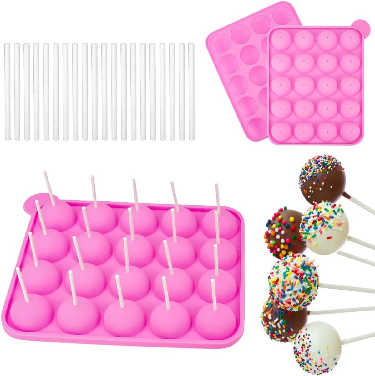 Siliconen Cake Pops Mold met 20 Ronde Vormen en Lollipop Sticks voor Taarten, Snoep en Chocolade, Antiaanbaklaag en Gebruiksvriendelijk Ontwerp