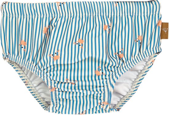 Blauwe zwembroek met witte strepen en kleine roze krabbenprint. Elastische tailleband.
