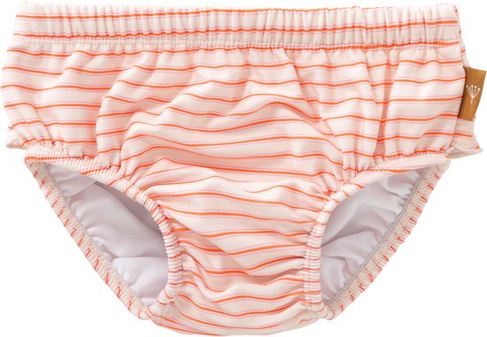 Baby zwembroek met zomerse strepen in crème met oranje en roze strepen.