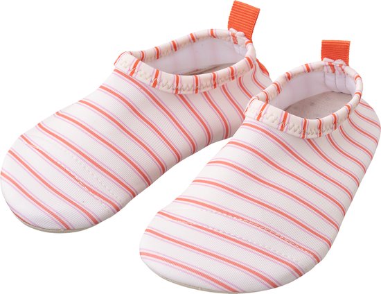 Babyschoentjes met horizontale oranje en roze strepen op een crèmekleurige ondergrond. Met oranje lusje aan de achterkant.