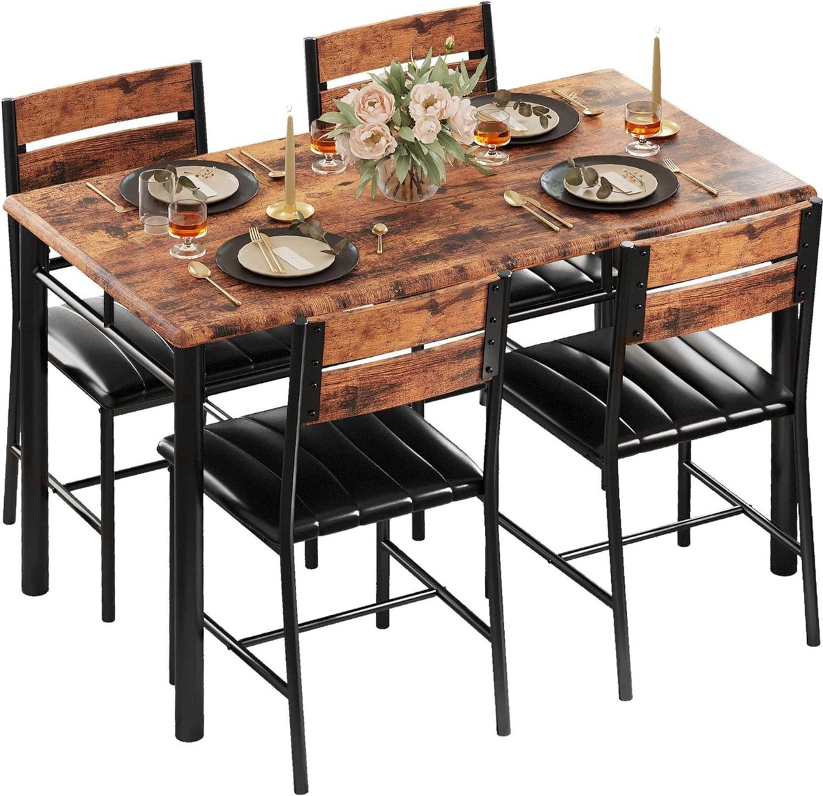 Eettafel Set - Keukentafel met Stoelen - Compact Wonen - Ruimtebesparend Ontwerp - Voor 4 Personen - Rustiek Bruin