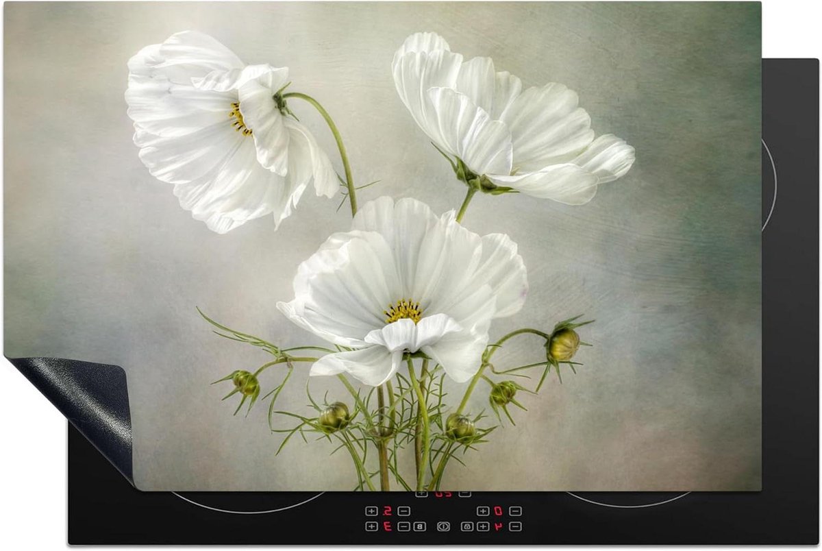 Inductie Beschermer - Kookplaat Mat - Keuken Decoratie - Unieke Foto Print - 80x52 cm - Wit Bloemen