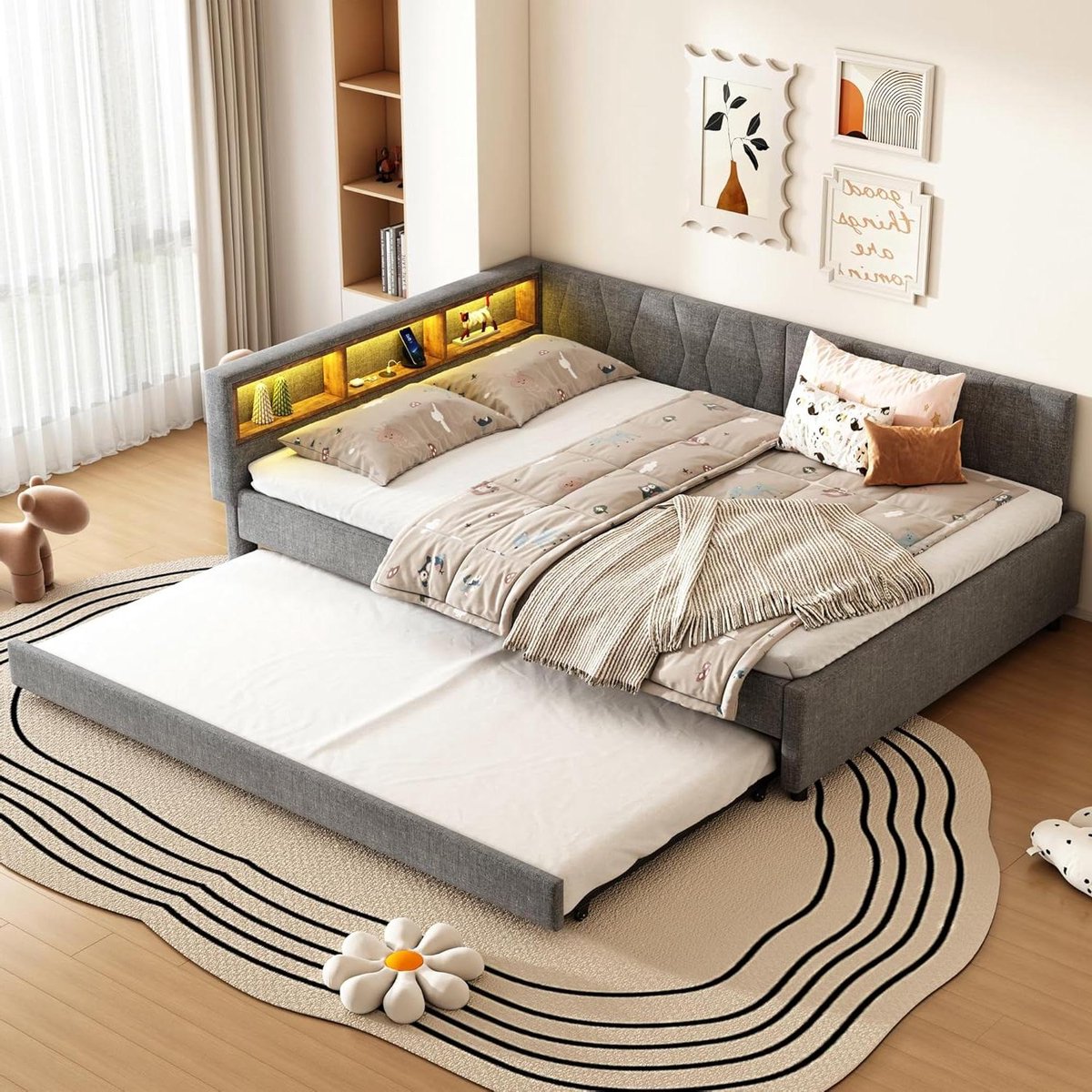 Gestoffeerd Bed - Uitschuifbaar Bed - Ruimte Besparen - Met LED en USB - 140 x 200 cm - Grijs