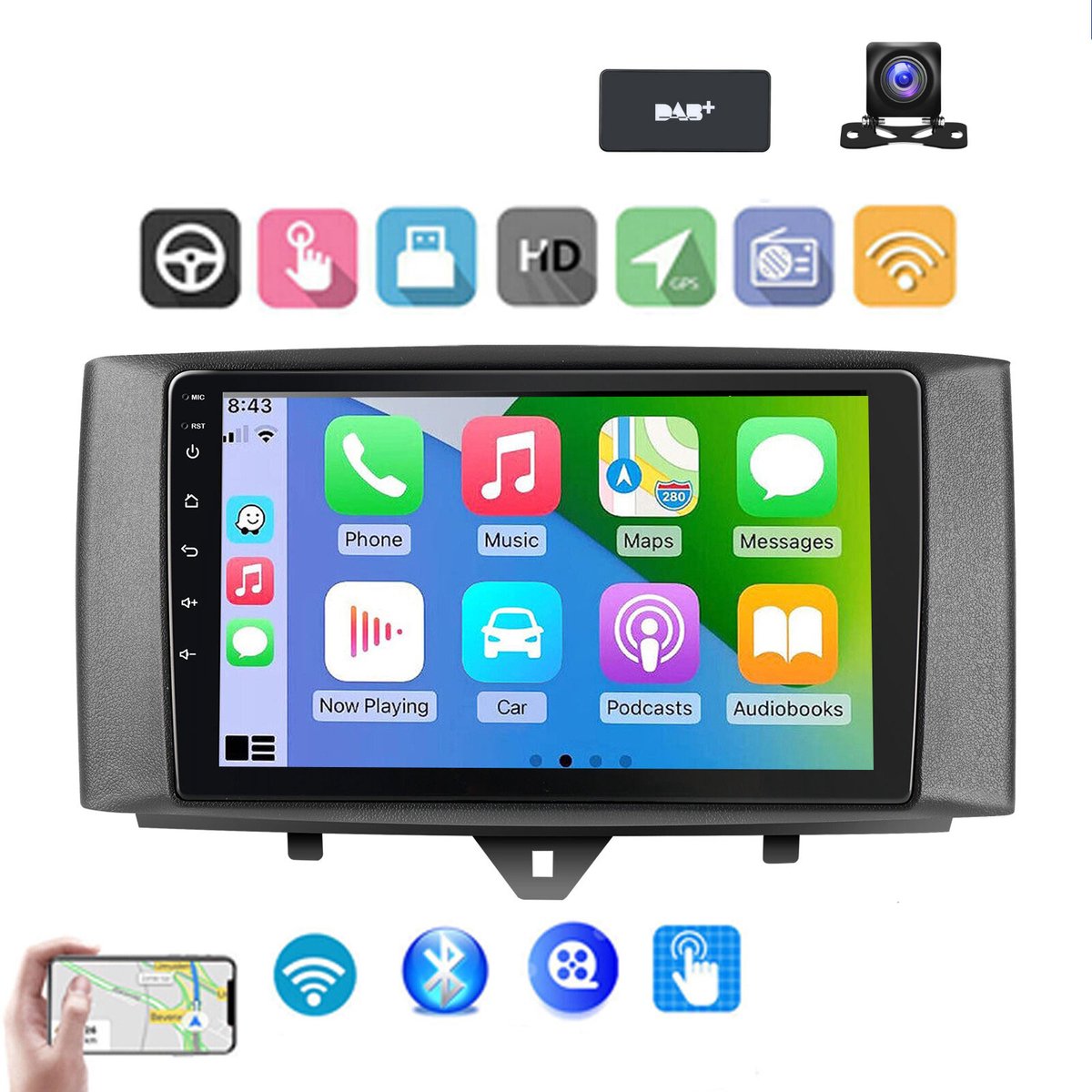 ESSGOO Autoradio met Draadloos Carplay en Android Auto - Geschikt voor BENZ Smart Fortwo 451 2011-2015 - radio met navigatie - Android 15 - 4+64GB - Bluetooth & Wifi USB & FM RDS & Achteruitrijcamera & DAB+