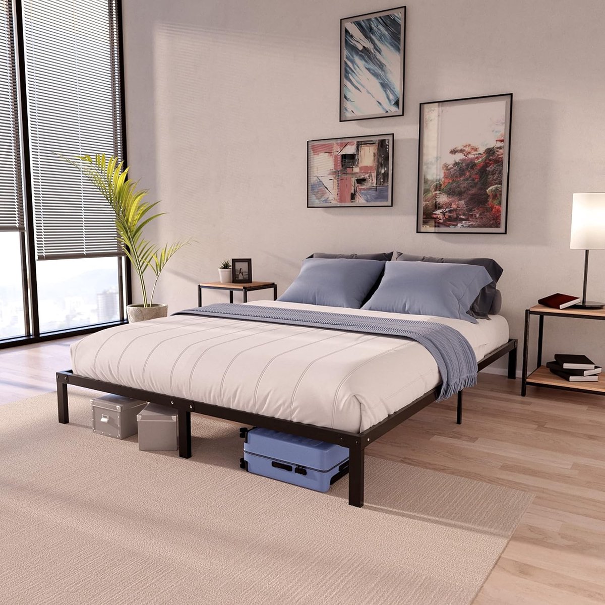 Metalen bedframe 150x200 cm met lattenbodem en opbergruimte 25 cm – Extra stevig stalen tweepersoons bed met ruimtebesparend design, eenvoudige montage, zwart gepoedercoat