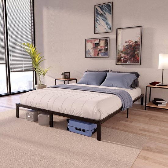 Metalen bedframe 150x200 cm met lattenbodem en opbergruimte 25 cm – Extra stevig stalen tweepersoons bed met ruimtebesparend design, eenvoudige montage, zwart gepoedercoat