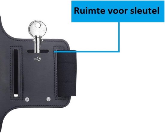 Zwarte sportarmband met een gleuf voor een sleutel. Tekst: Ruimte voor sleutel.