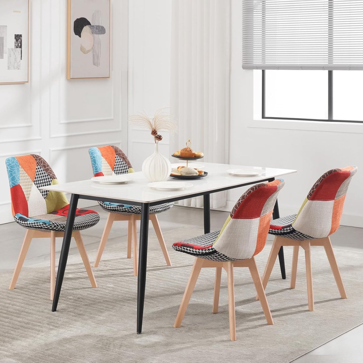 Patchwork Scandinavische Eetkamerstoelen Set van 4 – Comfortabele Keukenstoelen met Massief Houten Kruispoten, Ergonomische Rugleuning, Linnen Bekleding, 150 kg Draagvermogen, 42x48x82 cm