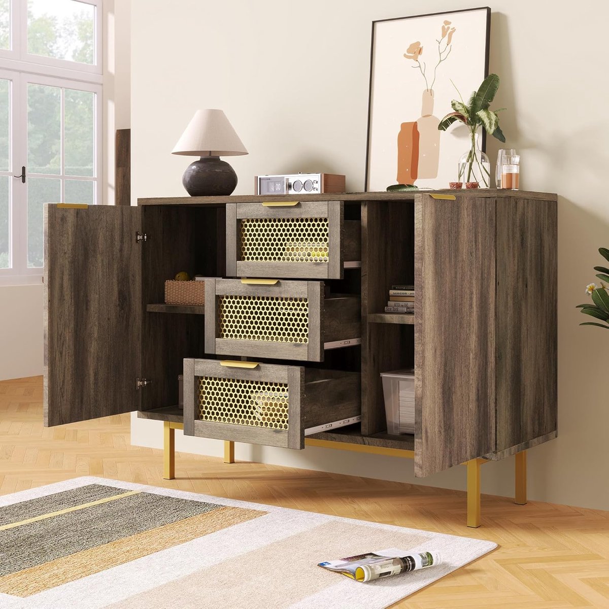 Commode met 6 Lades 120 x 40 x 85 cm Dressoir met LED Verlichting en Open Opbergvak Moderne Ladekast Wit Marmerlook Opbergkast voor Slaapkamer Woonkamer en Hal Urbanhome