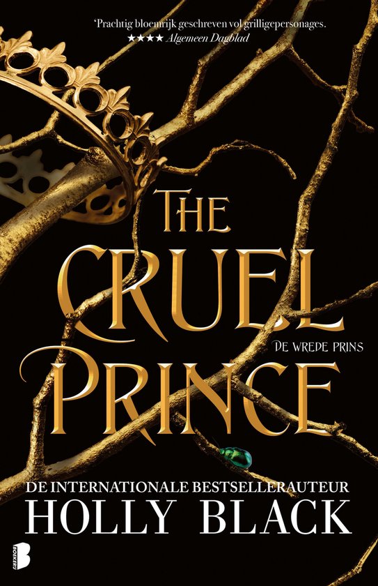 Boekomslag 'The Cruel Prince' met gouden kroon en takken, met de titel in gouden letters.