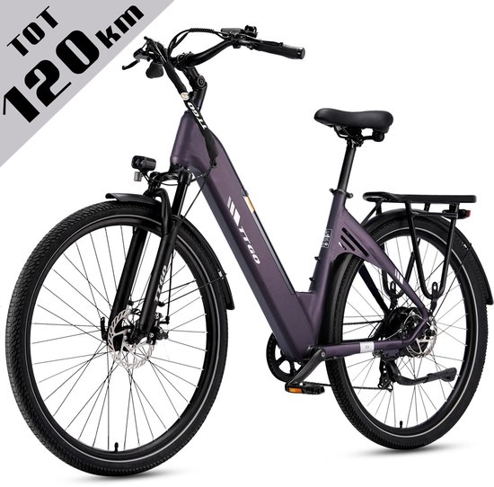 Elektrische Fiets TTGO C3 - 36V 18AH Accu - Actieradius Tot 120 Km - Aluminium Lage Instapframe - 28×2.0 Inch Wielen - Shimano 7 Versnellingen - Mechanische Schijfremmen - LCD Display - Elektrische Stadsfiets - Lila