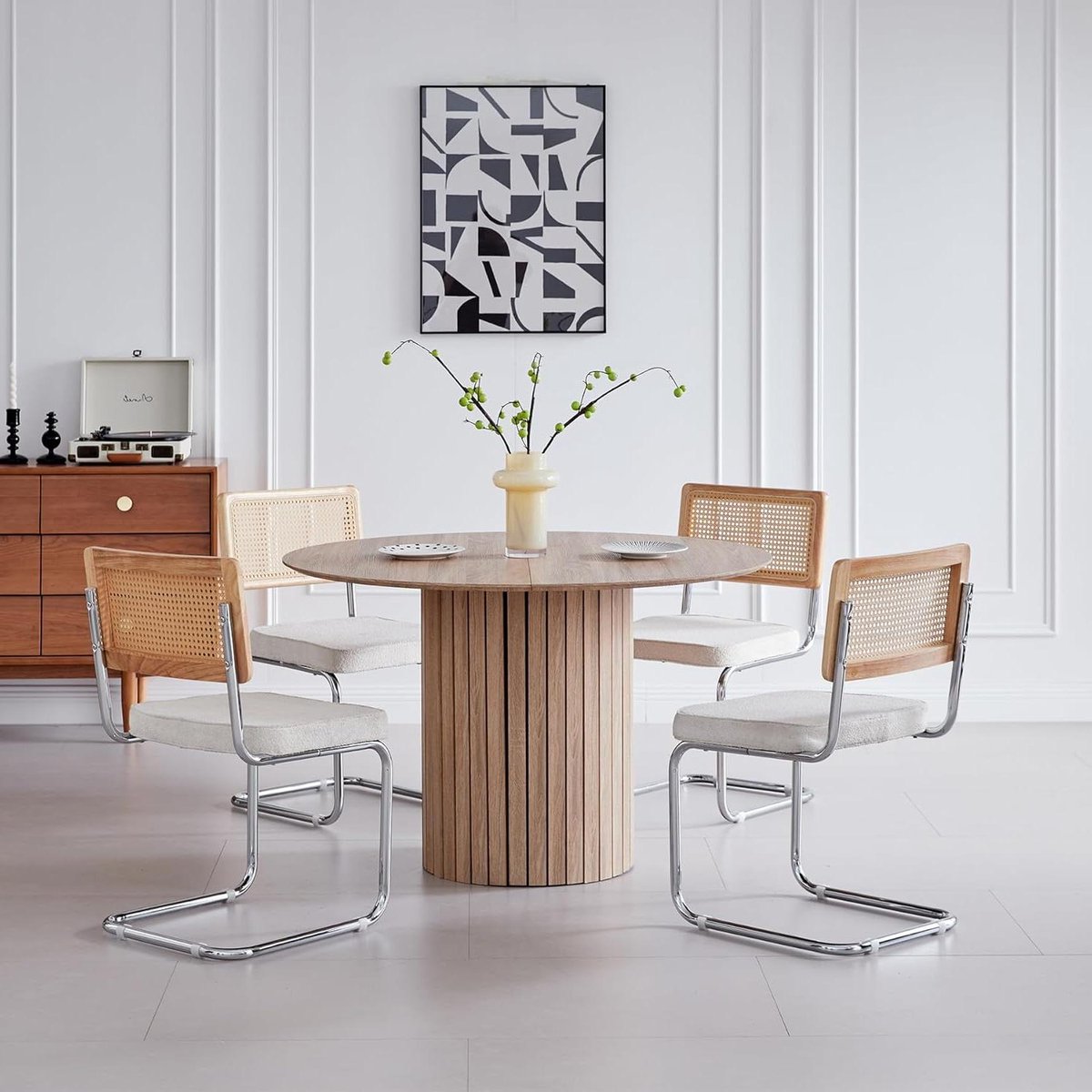 Eetkamerset - Tafel met stoelen - Gezellig eten - Ronde tafel - 120 cm - Licht hout wit
