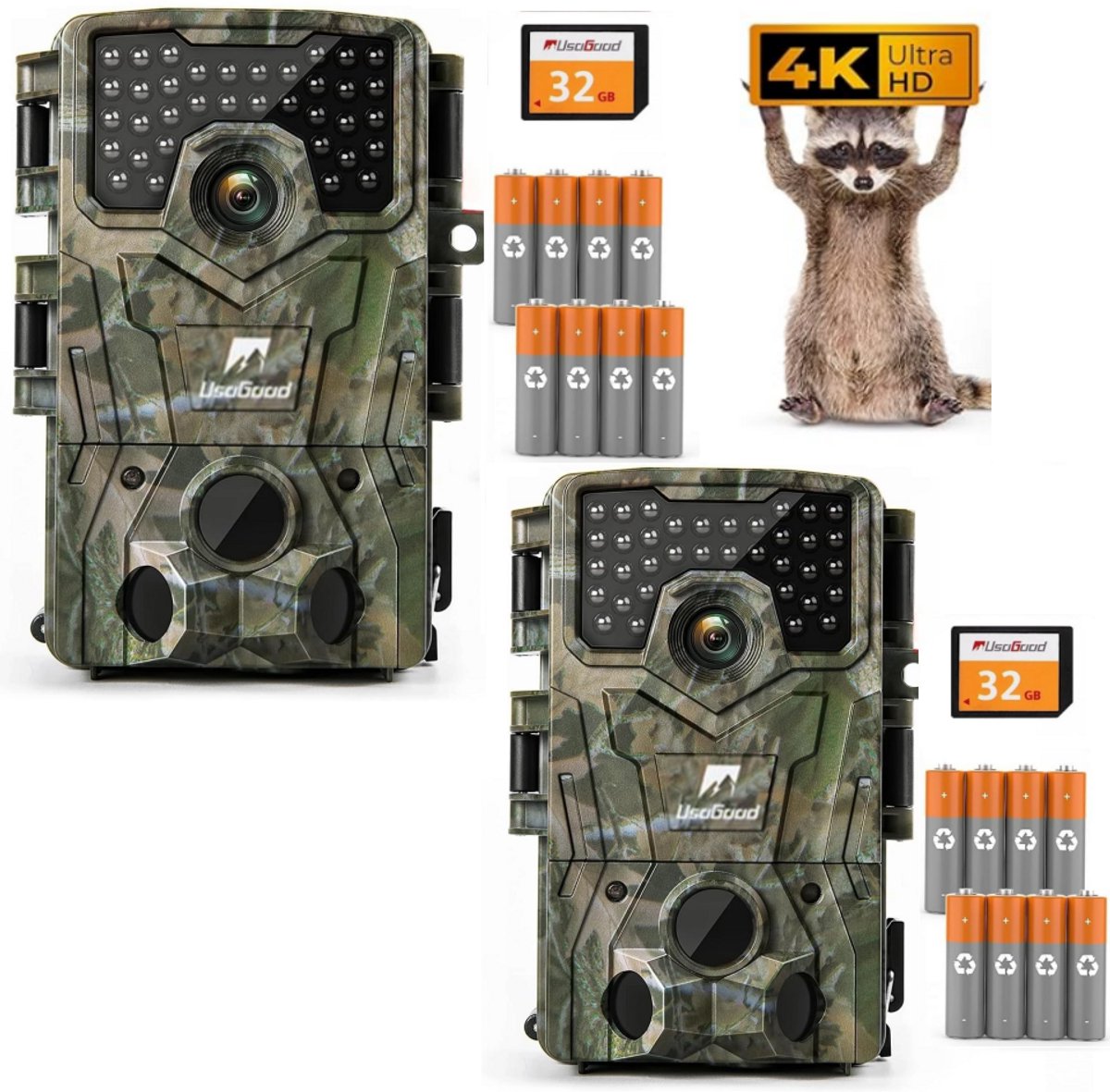Usogood Wildcamera met Nachtzicht voor Buiten - 4K Ultra HD 48MP - Incl. 32GB SD & 8 Batterijen - Trail Camera - Wildcamera voor Buiten / Wildlife Camera - 2Stuks