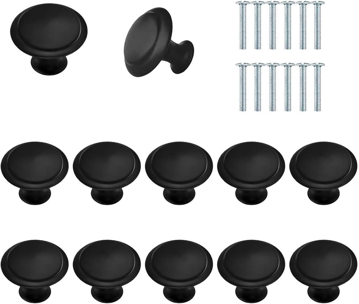 Meubelknoppen - Roestvrij Staal Kastknoppen - 12 Stuks 30mm - Mat Zwart Rond Design - Voor Keuken Kasten Lades Commodes - Klassiek Zwarte Kleur