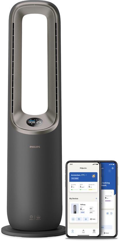 Philips 8000 Series Air Performer 3-in-1 Luchtreiniger – Ventilator & Verwarming – CADR 270m3/u – Ruimtes tot 70m2 – 3 laags HEPA Filtratie – Air+ app – Grijs – AMF870/15