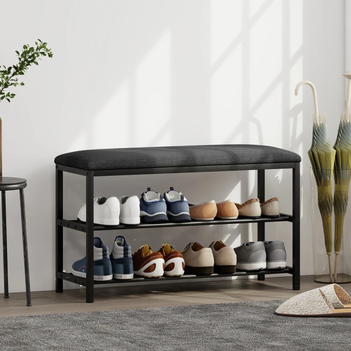 MODFU - Schoenenbank - Met Zitkussen En 2 Open Vakken - Modern - Voor Hal - Metaal - Zwart - 81 X 31 X 50 Cm