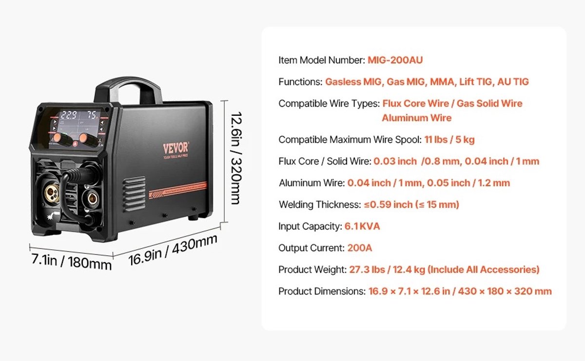 5-in-1 MIG-lasapparaat 200 Amp - Pluse Mig-lasmachine - Gas MIG - Flux Core MIG - Stick - Lift TIG - AU TIG met LCD-scherm – foto 7