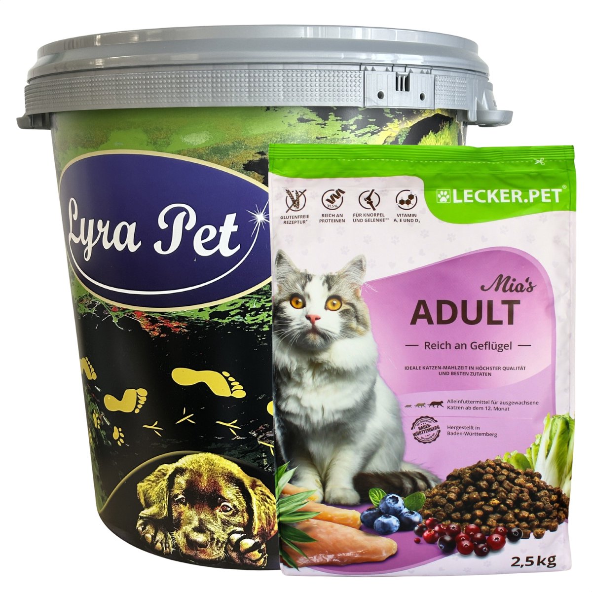 2,5 kg Lecker.Pet® Mia's Adult Herzhaftes Geflügel Katzenfutter Trockenfutter Vollnahrung in 30 L Tonne