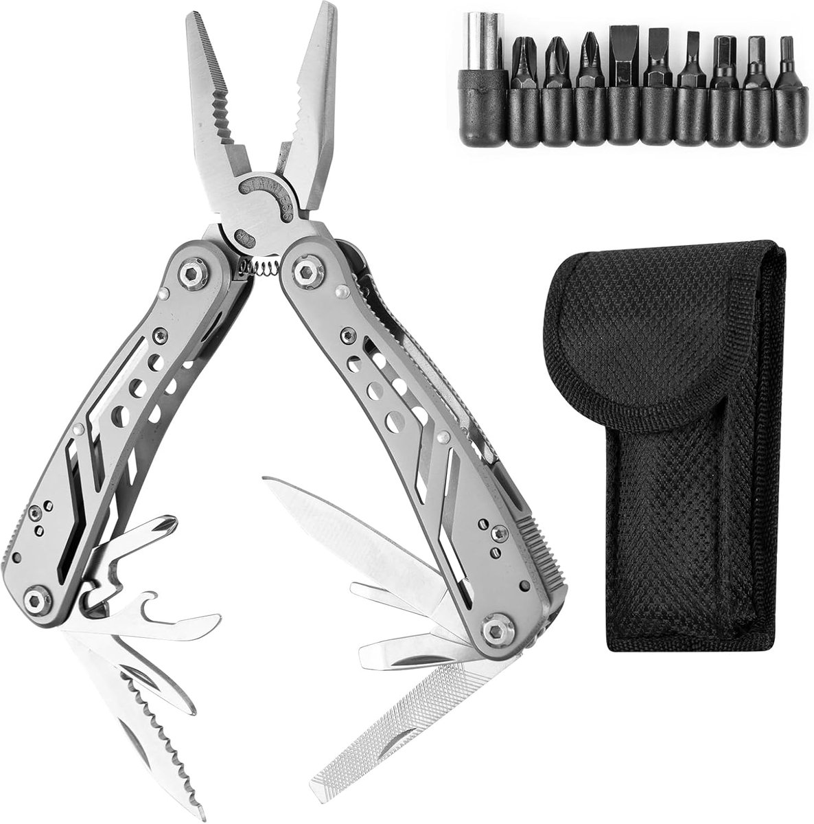 Fokelyi-22-in-1 Zakmes-Multitool met Holster-12-delige Bitset-Blikopener / Flesopener / Zakmes / Schroevendraaier-zilver