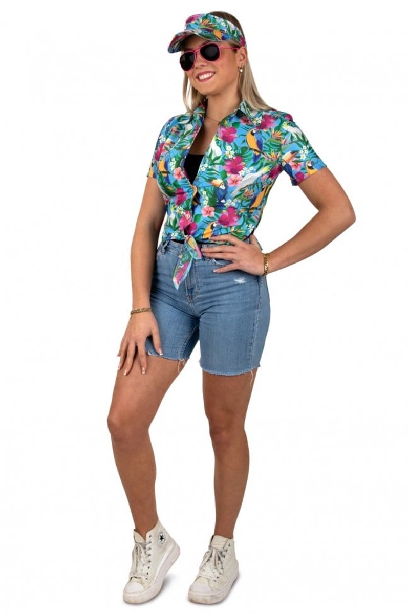 Hawaii Blouse Met Zonneklep Papegaaien Blauw - Maat 40/42