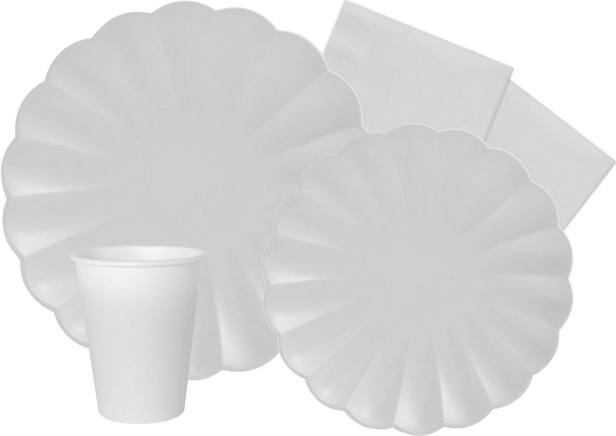 Feestservies Set - Bloemen Vorm - Feestelijke Tafel - Milieuvriendelijk Papier - 44 Delig - Wit