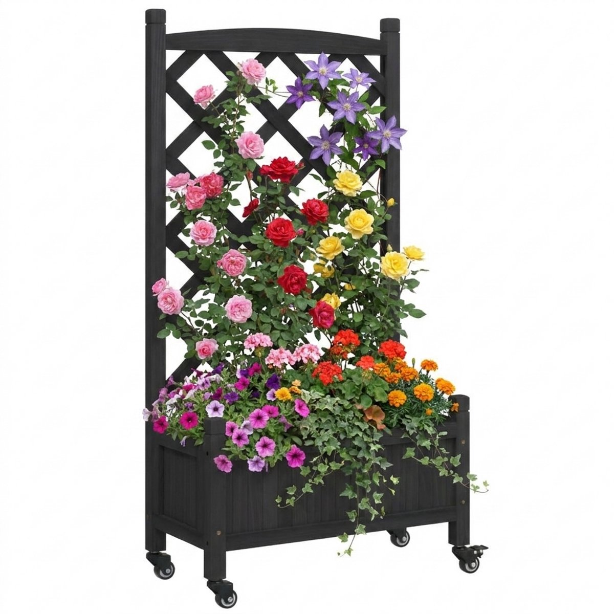 Plantenbak met klimrek - Bloembak - Weerbestendig - Plantenrek - Met trellis - Met wieltjes - Buiten - Hout - 48 Liter - Zwart