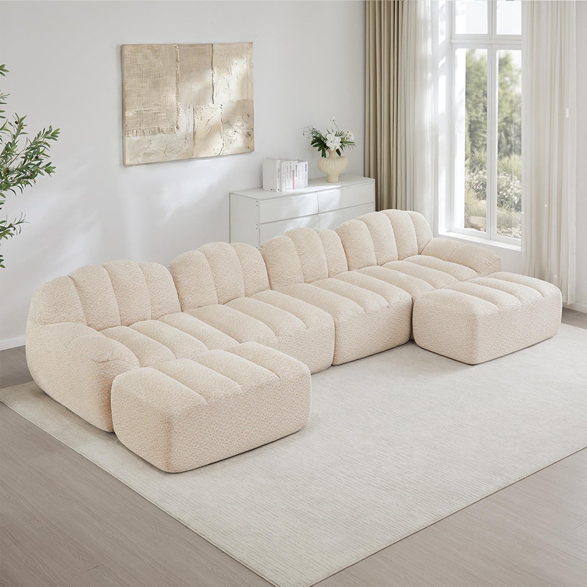 KOMHTOM BLACKCOLORS Modulaire 4-zits U-vormige bank met 2 chaise longues, schelpvorm, Boneless-bank van 32D-schuim met hoge dichtheid, diepe zitting, ideaal voor de woonkamer, zachte stof, Beige Wit