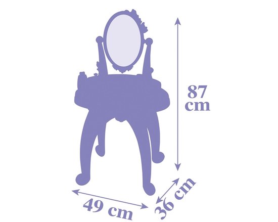 Een silhouet van een kaptafel met spiegel en afmetingen: 87cm hoog, 49cm breed en 36cm diep.