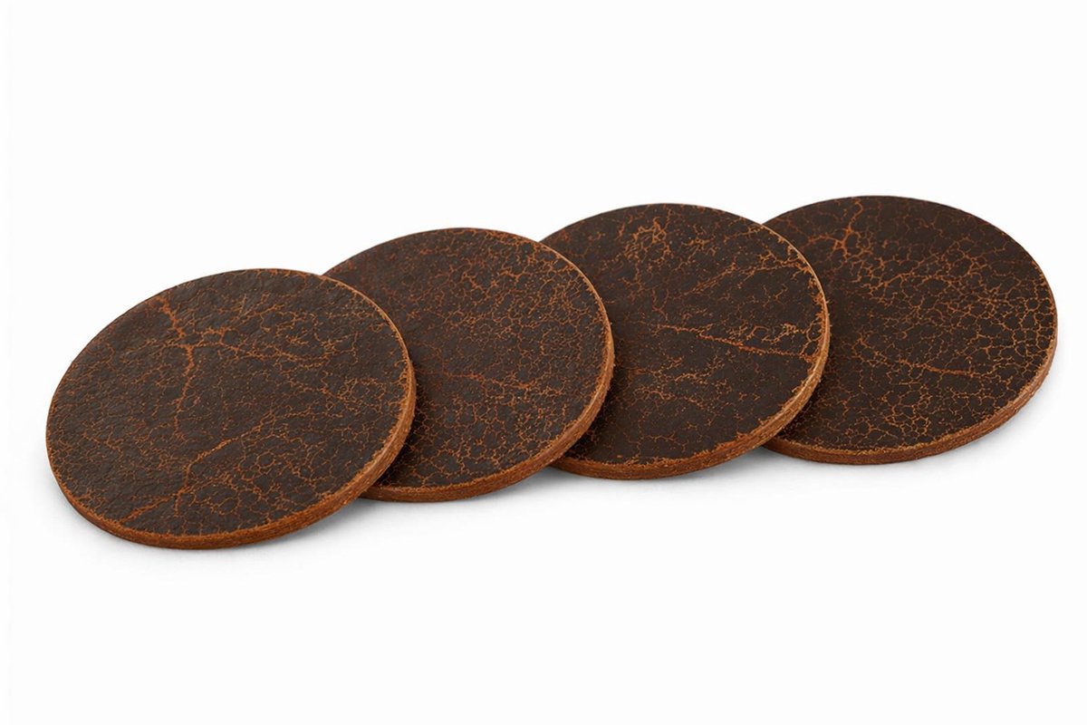 Leren Onderzetters Voor Glazen - Bruin Old Look Design - Rond - Set Van 10 Stuks - 100% Leer - De Riemenspecialist - Cadeau Tip