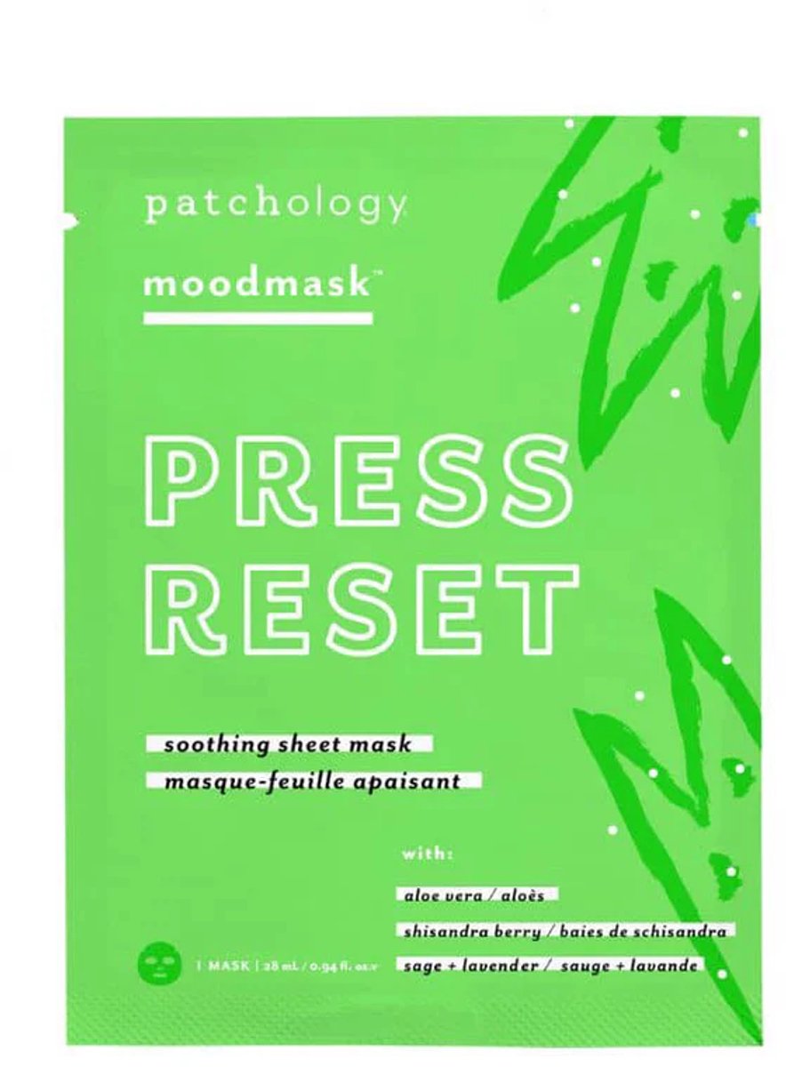 Patchology Moodmask™ Press Reset Sheet Mask – Kalmerend Gezichtsmasker Met Aloë Vera, Schisandra Berry & Lavendel – Verzacht Roodheid en Gevoelige Huid – Hydraterend & Verfrissend Face Mask – 1 Masker