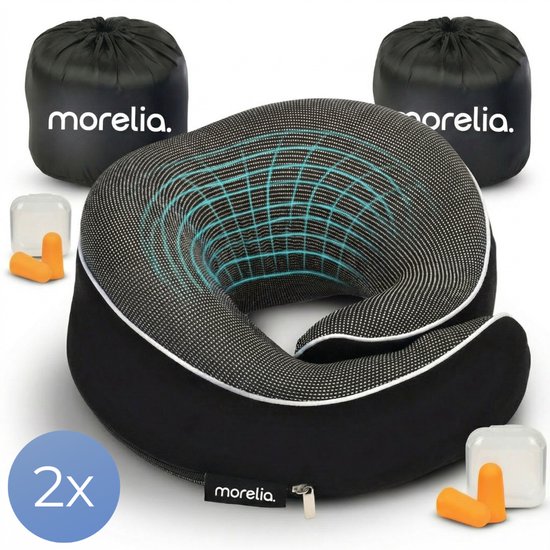 Morelia® Ensemble complet coussin de nuque Noir - 2 Pièces - Coussin de voyage de luxe pour l'avion et la voiture - Mousse à mémoire de forme