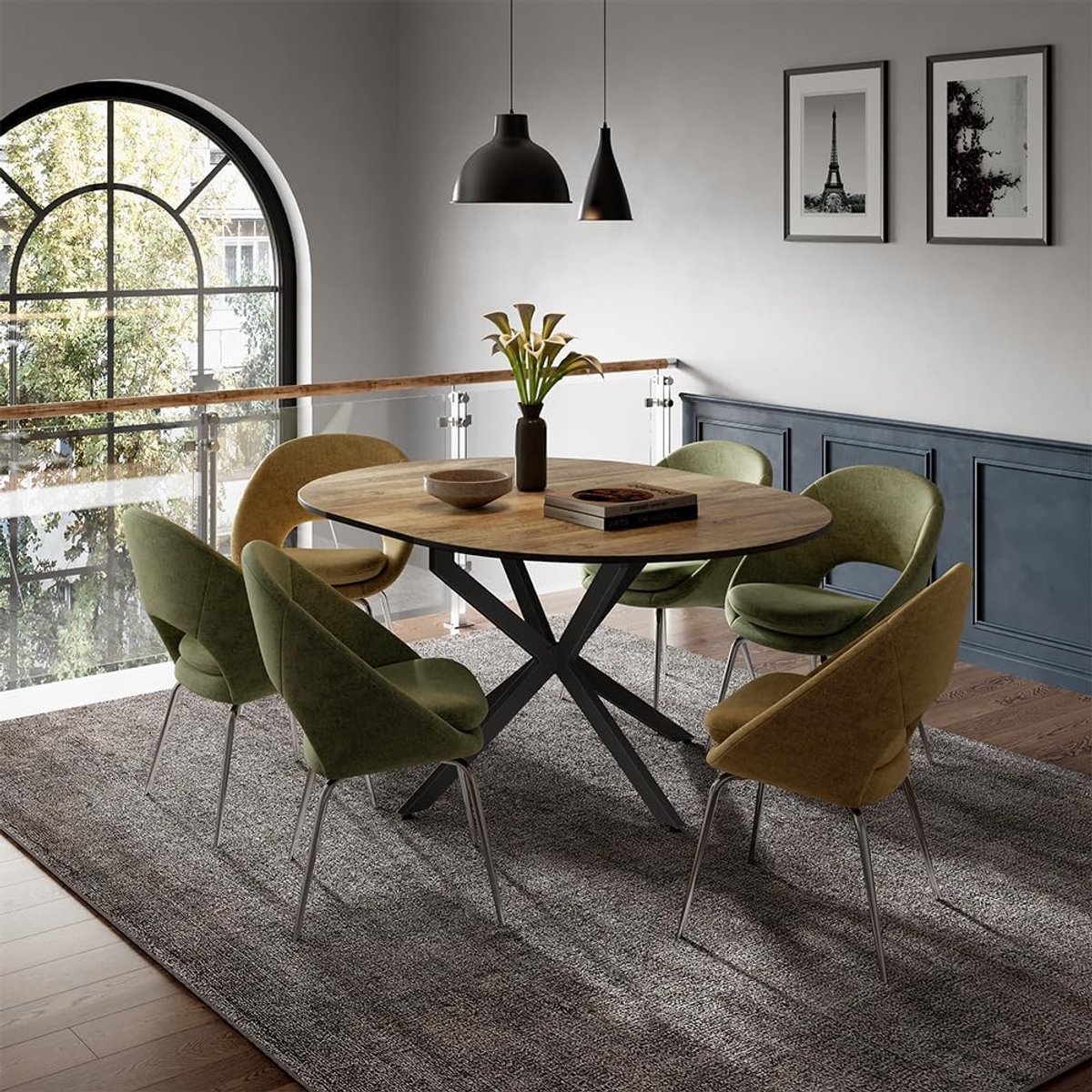 Loyd Luxe Ronde Uitschuifbare Eettafel 120–160 cm Zwart/Eiken Rustiek 76,5 cm Hoog – Modern Design met Stalen Onderstel