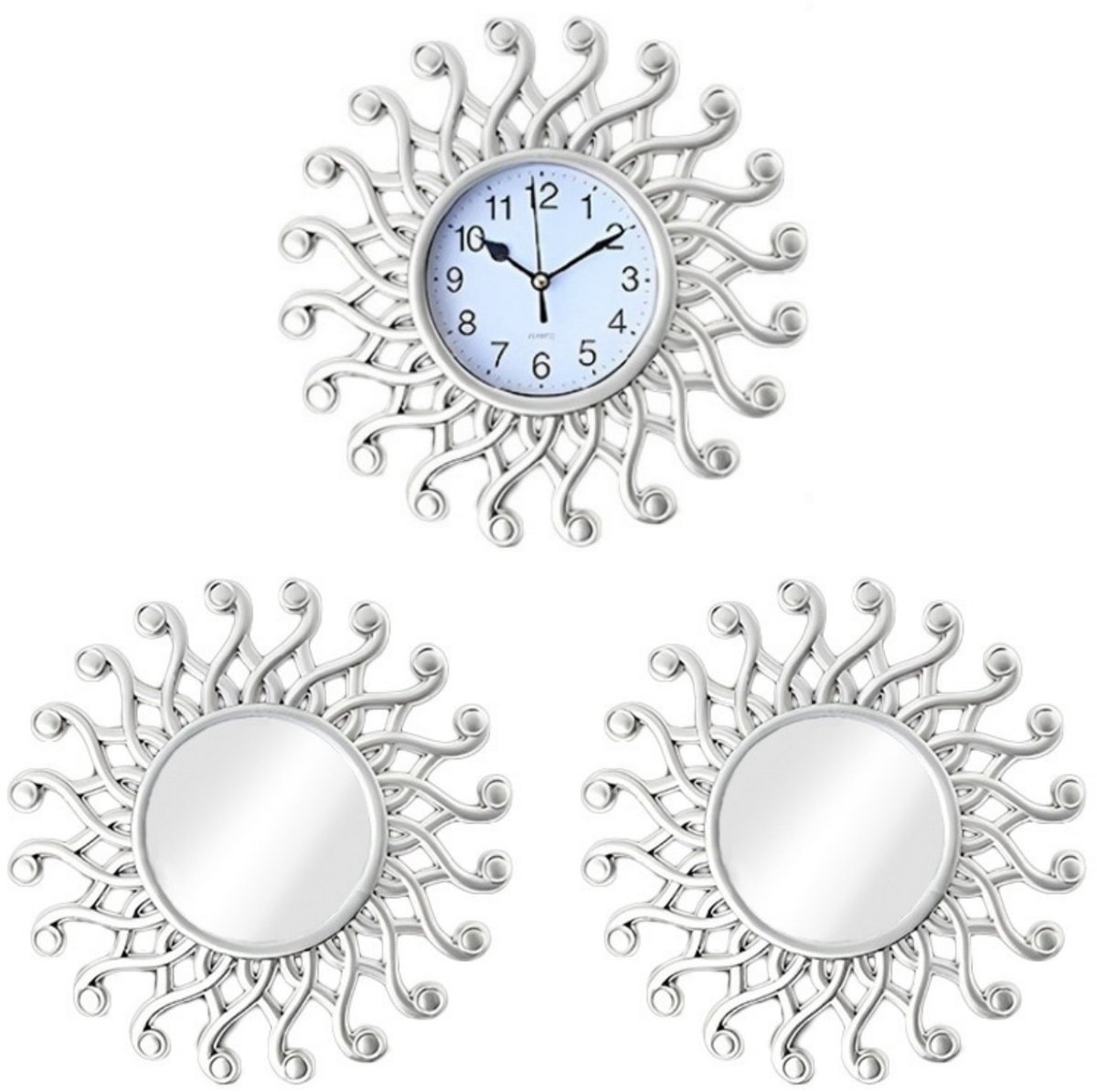 longziming -Wandklok Set met Spiegels - Klok & Spiegel Set - Wanddecoratie - Stil Quartz Uurwerk - Boho Design - Kunststof - Decoratief & Ruimteverruimend effect - 3 stuks