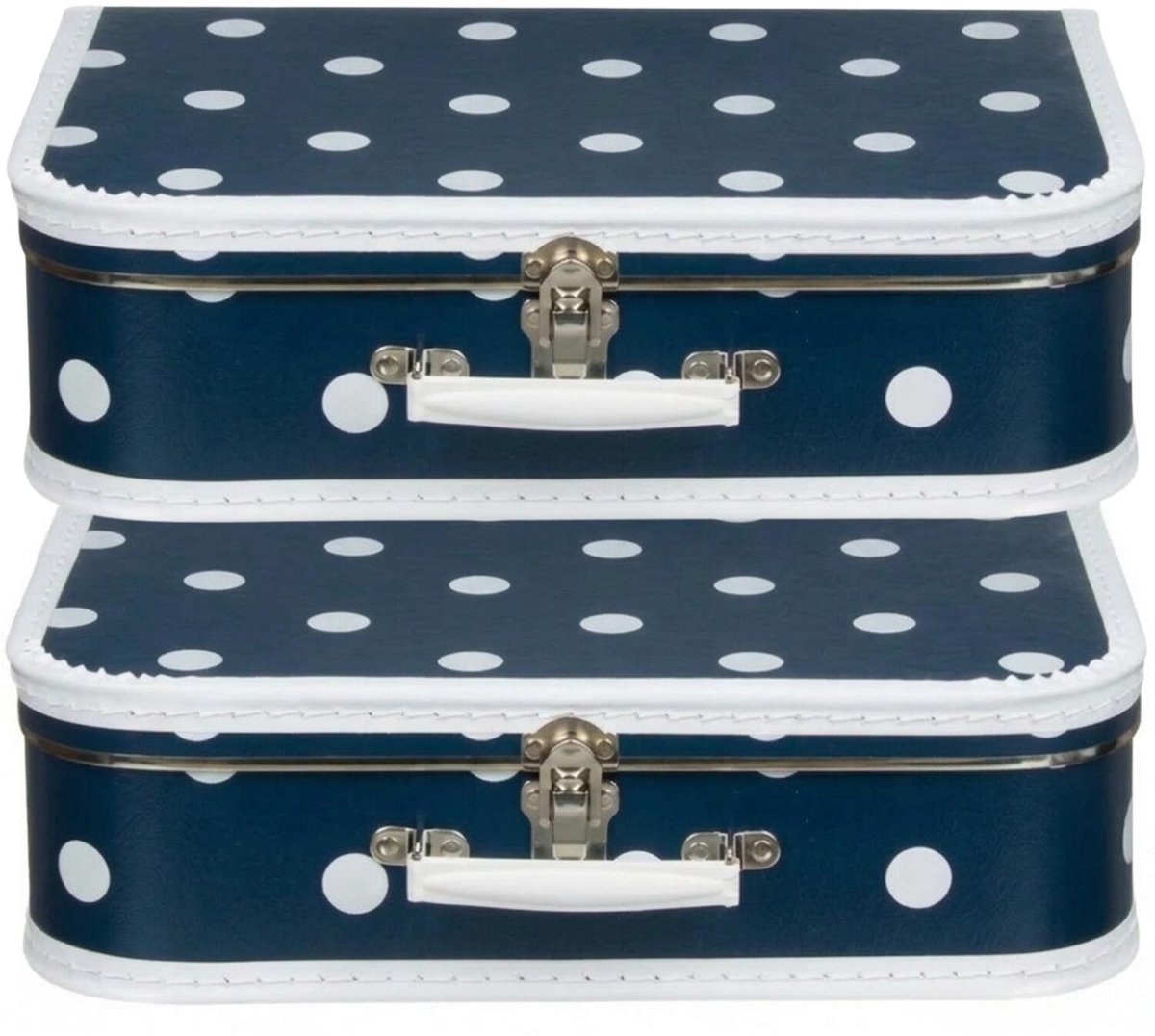 Kinderkamer opberkoffer polkadot - 2x - blauw / wit - 35 cm - karton - kinderkoffer - speelkoffer