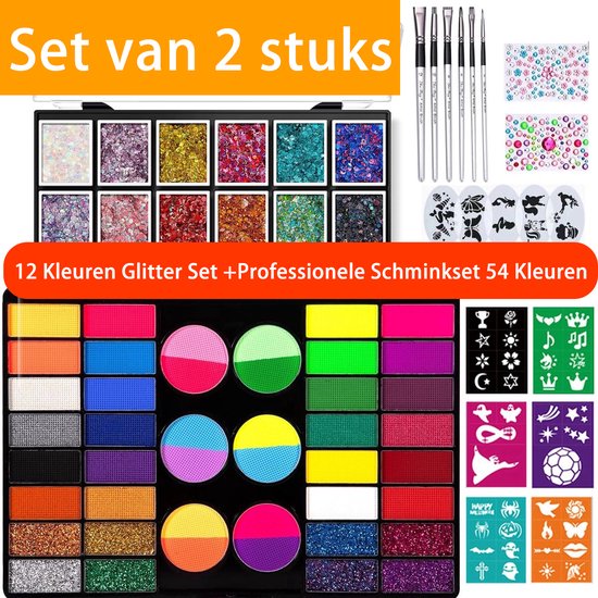 Schmink 54 kleuren waterbasis schmink 10 Penselen & Sjablonen - Ideaal voor Koningsdag, Pasen & Festivals - Veilig voor Kind & Volwassene