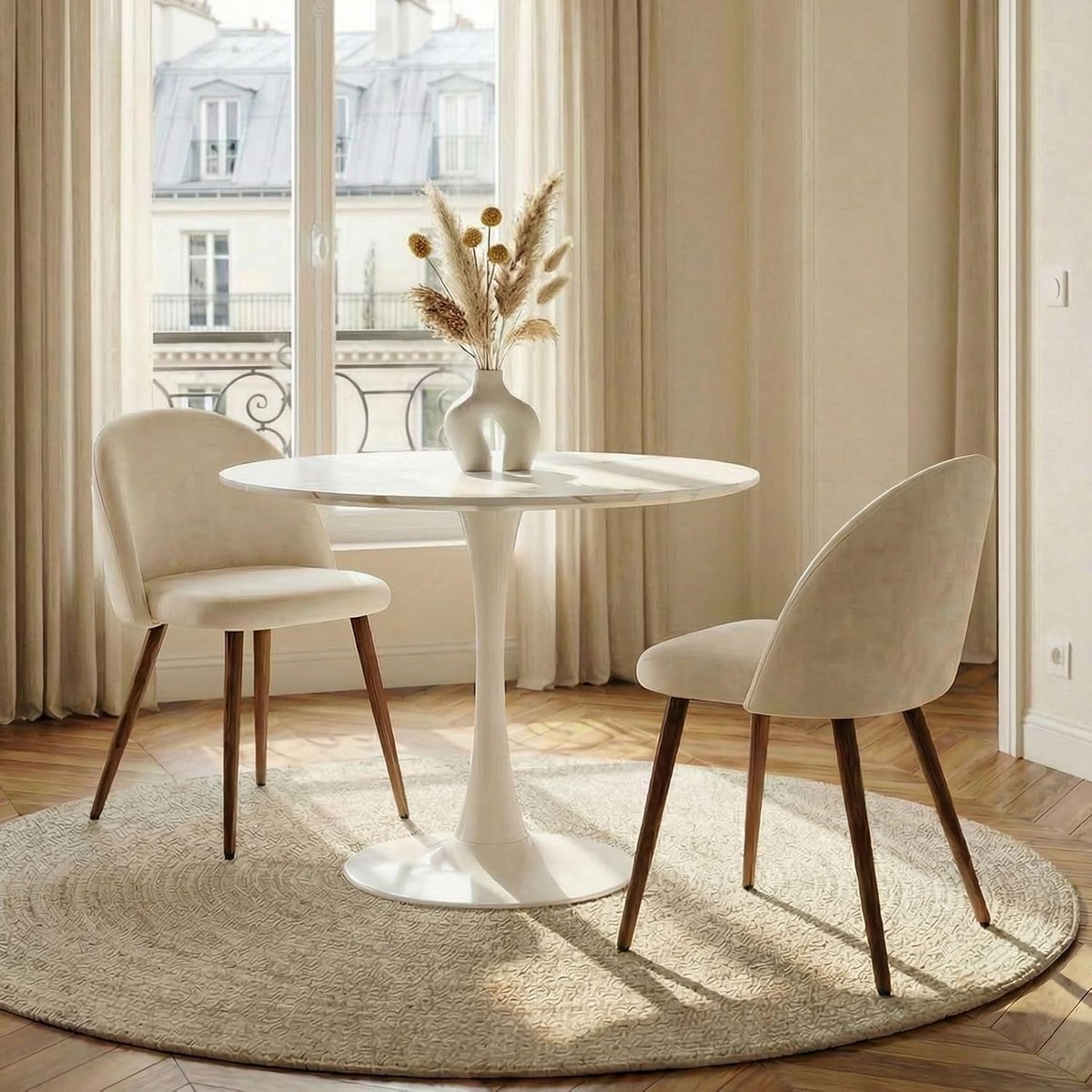 Luxe Compacte Ronde Eetset met Keramische Tafel 80x73 cm en 2 Velvet Stoelen Beige/Wit LOIRE/NAVIA