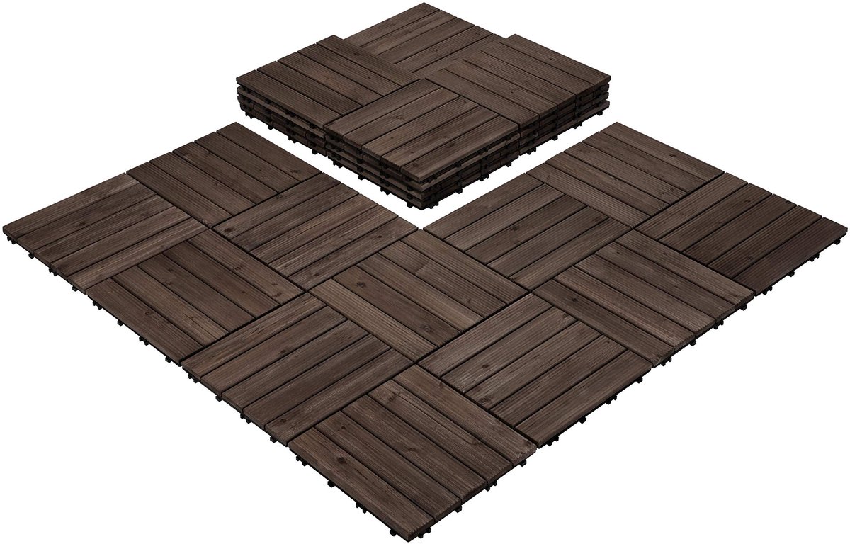 Yaheetech Houten tegels, 30 x 30 cm, outdoor en binnen, vloerbedekking balkon met drainagesysteem, balkontegels, 27 stuks tegelset, ca. 2,6 m², massief hout B-zwart
