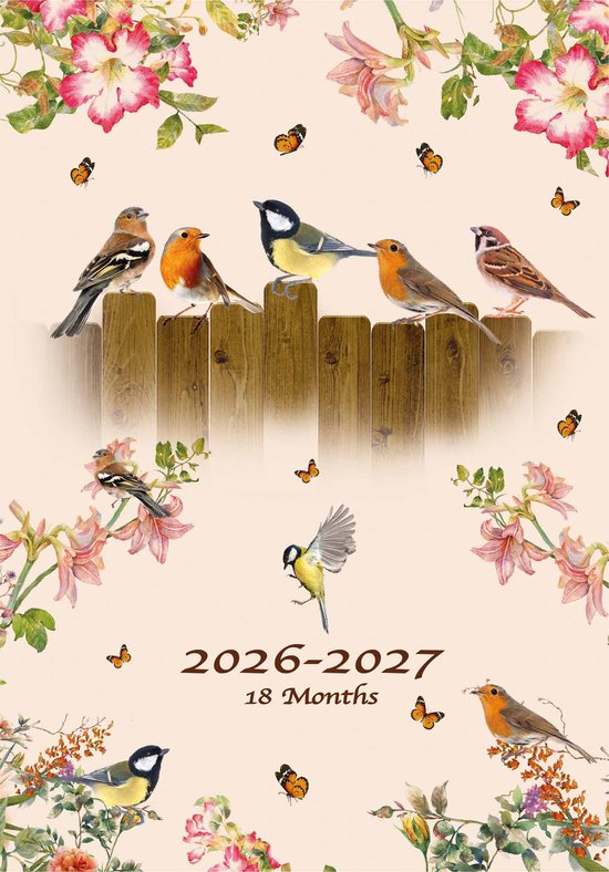 Agenda met een bloemen- en vogelprint, met de tekst "2026-2027 18 Months".