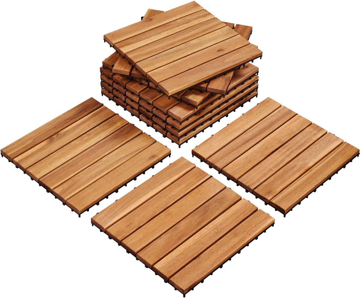 Yaheetech Acacia houten tegels, 30 x 30 cm, set van 10 terrastegels, 0,96 m², kliksysteem, weerbestendig, balkonvloerbedekking, tuintegels voor terras, balkon en tuin, houtkleur